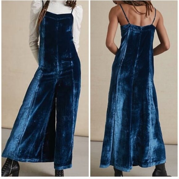 Anthropologie Andromeda Turquoise Velvet Wide Leg Jumpsuit Size 8 NWOT - Picture 1 of 16